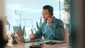 Headset, man and customer service agent in office for international consultation with translation. Mic, laptop and male call center consultant with multilingual support for global client online. - Powered by Shutterstock - Get 15% off with code: PIKWIZARD15