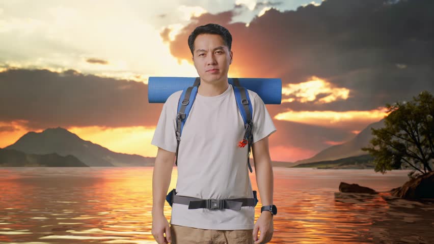 Asian Male Hiker With Mountaineering Backpack Showing No Gesture With Index Finger At A Lake