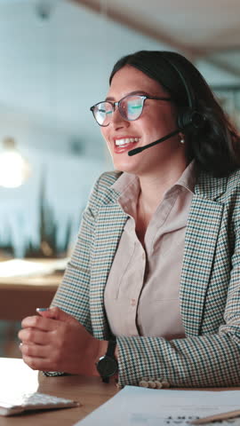 Agent, woman and talking on computer for customer service chat, sales consulting and loan help. FAQ, financial advisor or finance questions with call center headset for solution and banking limit