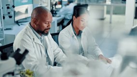 People, scientist and team with computer for science discovery or medical research at laboratory. Man, woman or lab experts with technology for experiment results, discussion or clinic analysis - Powered by Shutterstock - Get 15% off with code: PIKWIZARD15