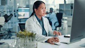 Research, science and woman with computer, headache and stress with deadline, botanist or email. Person, medical and agronomist in laboratory, pc and migraine with analytics results, pain and burnout - Powered by Shutterstock - Get 15% off with code: PIKWIZARD15