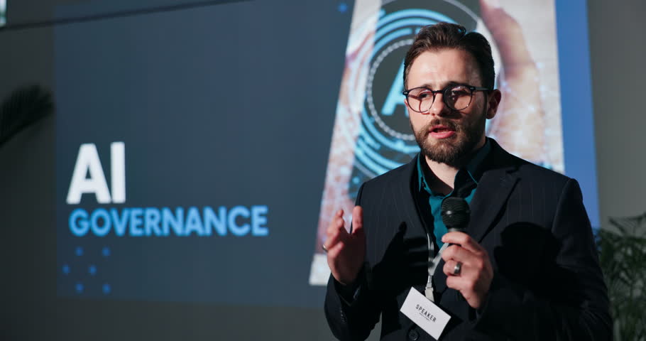 Man, seminar and speaker with microphone at business event for ai governance. Data science, convention or conference for training, accountability and learning about future of internet or tech