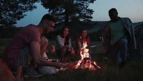 A group of friends happily enjoying a cozy campfire gathering together under the beautiful stars - Powered by Shutterstock - Get 15% off with code: PIKWIZARD15