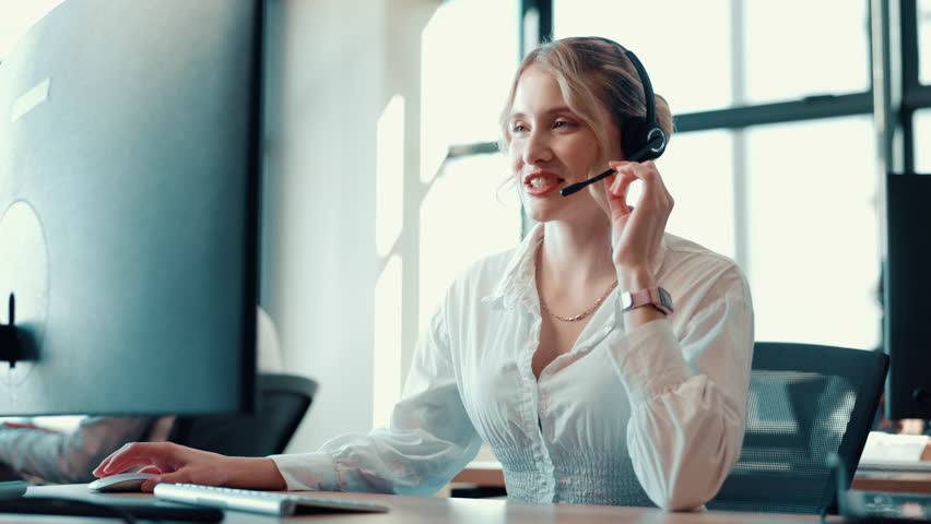 Talking, call center and business woman on computer for sales, lead generation or coworking. Customer service, telemarketing or consultant with headset for outbound marketing, feedback or contact us