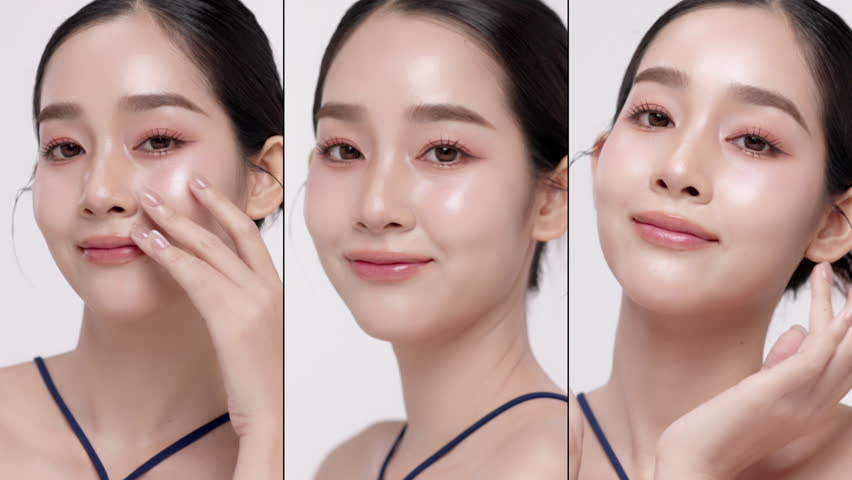 Collage vertical footage of young beautiful Asian woman on white background. Perfect facial and skin for commercial skin care advertising concept.