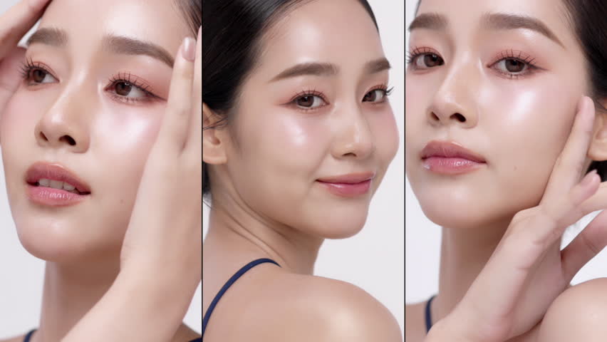 Collage vertical footage of young beautiful Asian woman on white background. Perfect facial and skin for commercial skin care advertising concept.