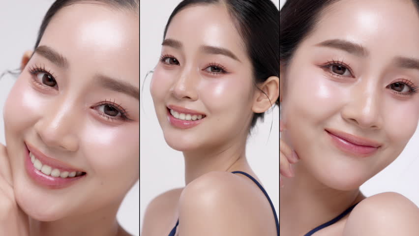 Collage vertical footage of young beautiful Asian woman on white background. Perfect facial and skin for commercial skin care advertising concept.