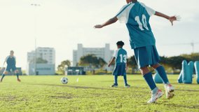 Children, ball and goal in net for soccer of team training, exercise and sports competition. Kids, goalkeeping and workout for scoring post, match tournament and learning skills for rival challenge - Powered by Shutterstock - Get 15% off with code: PIKWIZARD15