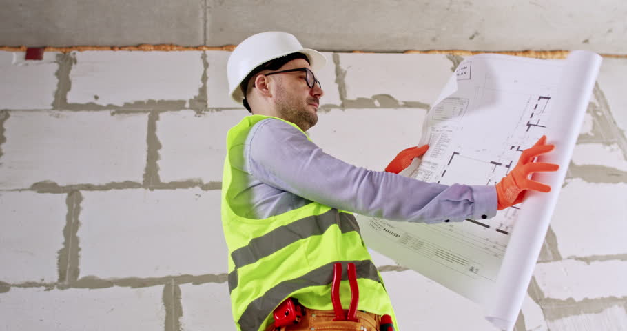 Man constructor inspects ceiling and building scheme before renovation. Specialist in helmet holds floor plan in hands assessing work scope against slag block wall
