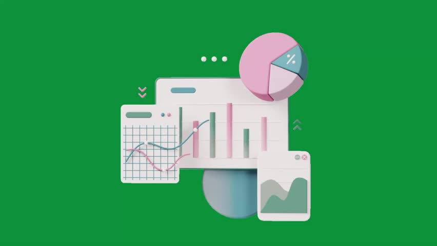 A vibrant and engaging 3D animation illustrating various data representations: pie charts, bar graphs, and line graphs. Ideal for showcasing data analysis, business intelligence, or financial reports.