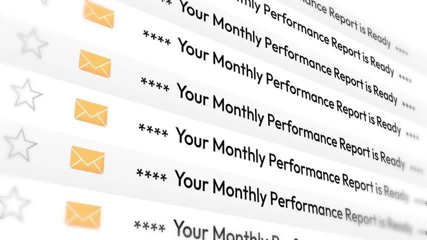Monthly performance email list scrolling 4k animation with notifications. Report, business, corporate