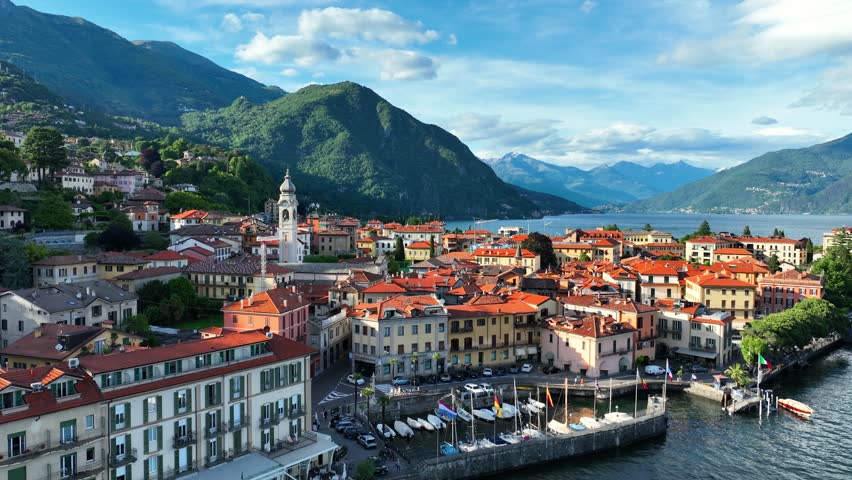 Aerial view of Menaggio village on lake Como in Lombardy, Italy, luxurious holiday destination in Italy, Italian alpine lakes, resort on Como lake