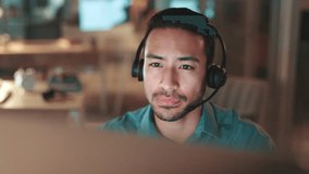 Night, businessman and burnout with headache, stress or overworked with call center deadline. Person, employee and migraine with tired, fatigue or exhausted with eye strain and typing consultant - Powered by Shutterstock - Get 15% off with code: PIKWIZARD15