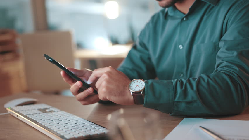 Night, businessman and phone screen in hands for food order, online menu or smile in office. Series, working late or hungry employee with tech for ecommerce, meal delivery service or tick for payment