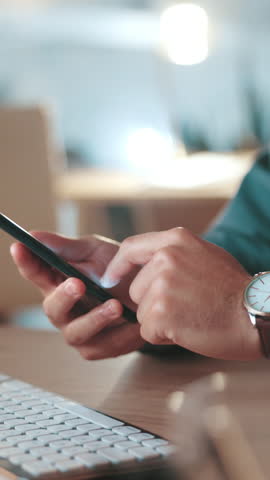 Office, man and hands with phone screen for food delivery, online shopping or order choice at night. Business, male person or accountant with mobile for takeaway, scroll or menu website of restaurant