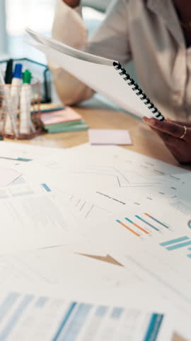 Hands, documents and business people with charts, report and stats with cooperation, review profit and planning. Closeup, economy or employees with paperwork, database and info for investment or sale