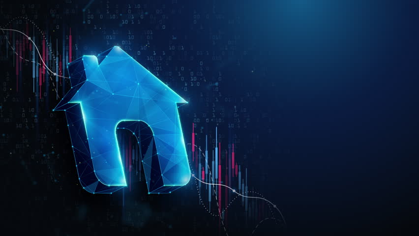 Lowpoly Home Symbol Over Stock Market Crash Chart. Abstract animation loop depicting a decline in the real estate market. Housing price downturn animated concept by wireframe mesh with copy space.