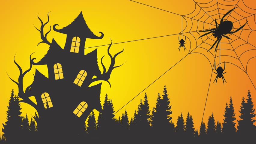 Animation of a haunted house surrounded by spooky trees and spider webs, with spiders crawling for a complete Halloween setting.