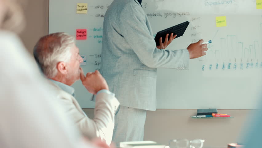 Man, hands and whiteboard in office for presentation, business proposal or performance review. Speaker, employee team and tablet in workplace for productivity meeting, sales planning or info feedback