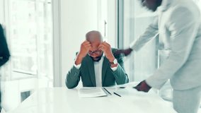 Businessman, headache and overwhelmed with staff, paperwork or stress for deadline with charts at office. Person, manager and crisis with time lapse, report and tired with financial review at agency - Powered by Shutterstock - Get 15% off with code: PIKWIZARD15