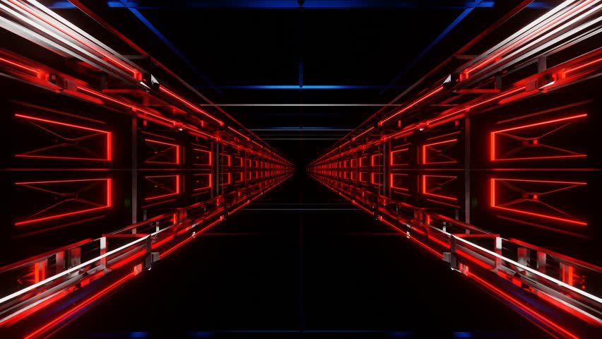 endless forward movement in a dark abstract tunnel of glowing red structures. 3d render looped animation