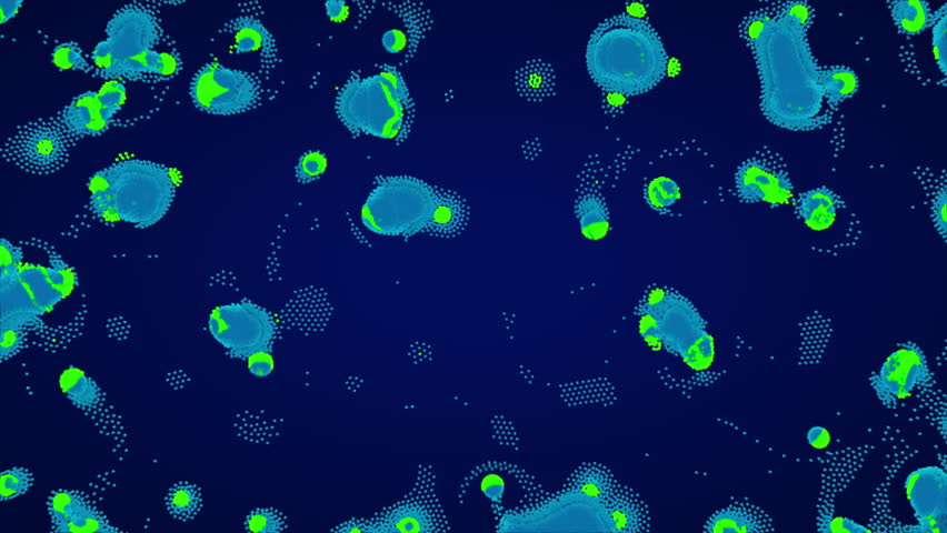 Fluorescent cyan bacteria multiply and migrate over a dark-blue background, visualising microbial spread for microbiology, pathology and infection-dynamics research.