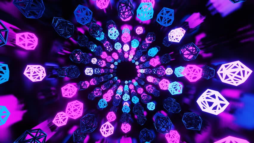 A 3d VJ loop background of futuristic colorful neon geometric tunnel on black backdrop