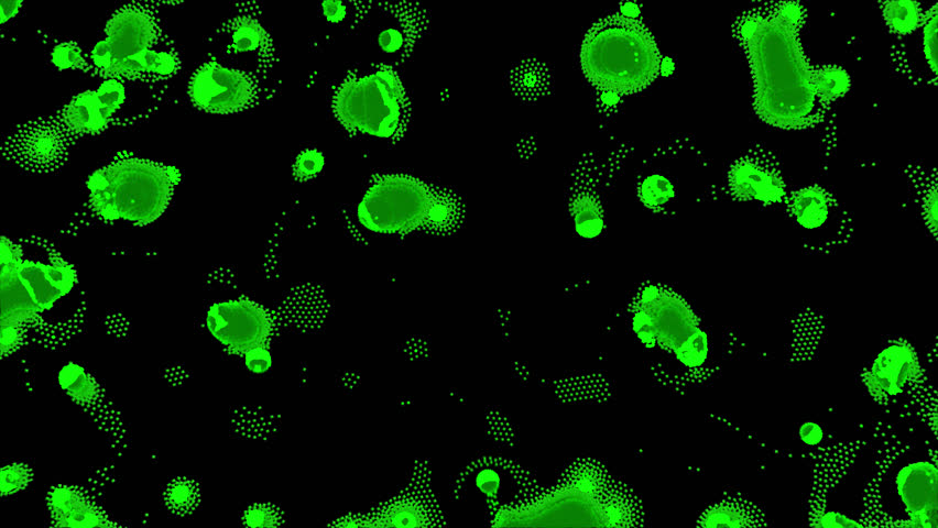 Fluorescent-green bacteria spread and multiply over a transparent background, visualizing microbial colony growth for microbiology, pathology and infection-dynamics research.