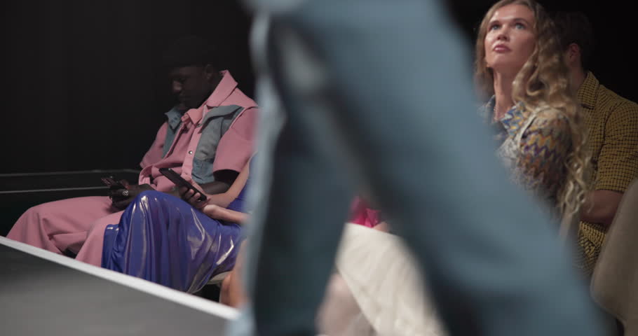Fashion show, first row and people and phone for luxury collection, magazine journalism and runway blog. Showcase review, designer network and catwalk with woman online for industry or trends analyst