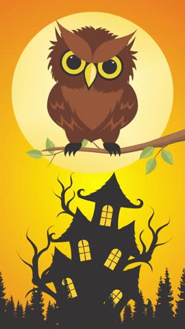 Animation of a Halloween owl perched on a tree branch with a full moon in the background, set against an eerie yellow-orange sky.