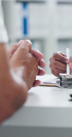 Medical consultant, hands or clipboard with documents for health insurance, treatment plan or personal information. Medicine professional, closeup or person at clinic for healthcare checkup or advice