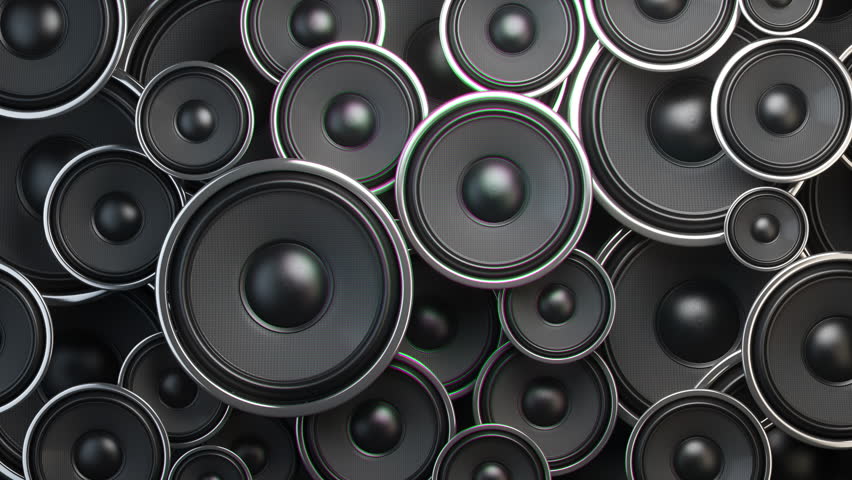 Subwoofer audio speakers playing loud sound. 3d animation. 3D Illustration