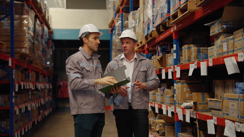 Warehouse workers are inspecting goods inside the warehouse.
 - Powered by Shutterstock - Get 15% off with code: PIKWIZARD15