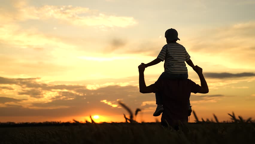Child father running playing outdoors in countryside. Little son dad traveling across field. Happy son child father playing in ripening wheat field, boy sitting on father shoulders. Happy family child