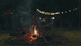 Bonfire Burning in the Forest camping site in Evening. Flaming Campfire, Fireplace in Nature - Static Shot, slow-motion - Powered by Shutterstock - Get 15% off with code: PIKWIZARD15