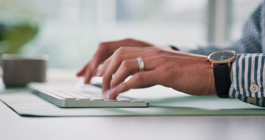 Business person, hands or typing with wrist pain for injury or carpal tunnel syndrome at office. Keyboard, employee or journalist with sore arm, ache or discomfort with muscle tension, strain or desk