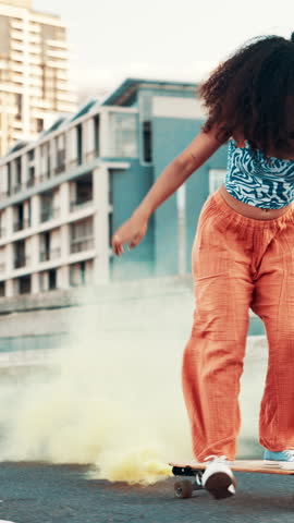 Woman, skateboard and flare with smoke on road in city with speed, extreme sports and friends in summer. Gen z girl, skater and excited with streetwear, fast and balance for adventure in urban town