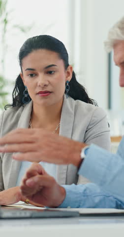 Laptop, teamwork and research with business people in office for portfolio manager, plan and sales. Accounting report, growth review and collaboration with employees in finance agency for proposal