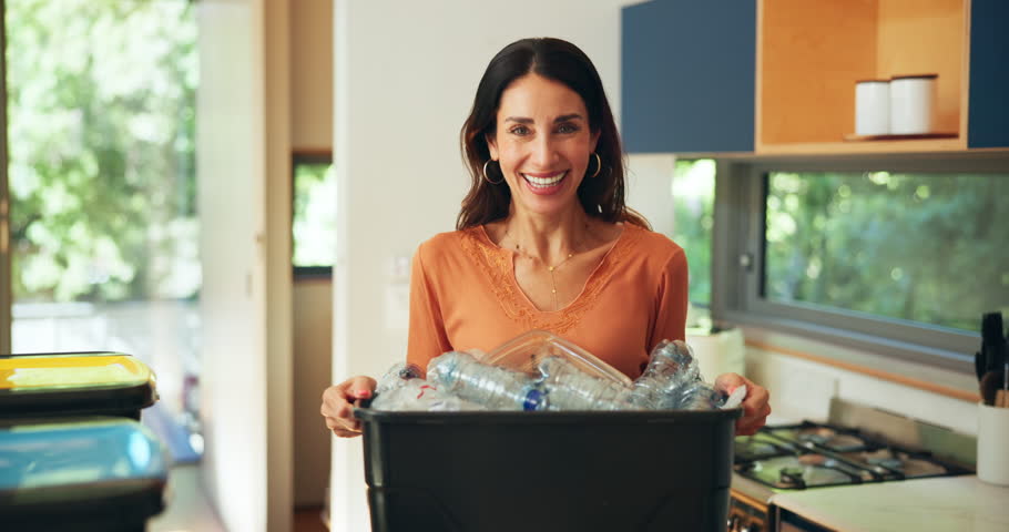 Face, woman and bottle in trash at house for recycling, cleaning service and waste management. Portrait, person or plastic with garbage for hygiene, disposal collection and environment responsibility