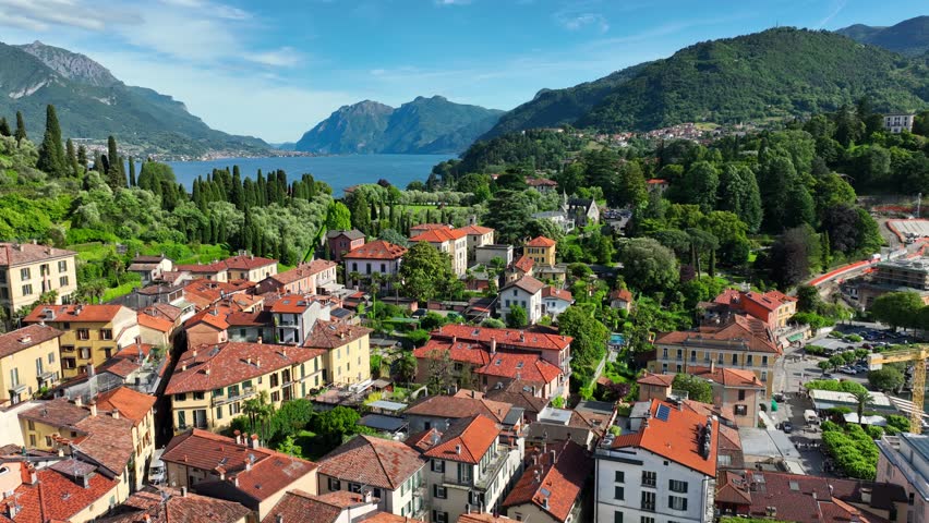 aerial view of Bellagio luxury resort on lake Como in Italy, Italian vacation on Como lake, peaceful alpine lake in Italian Alps