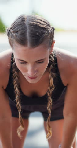 Tired woman, fitness or breathing with break for intense workout, training or outdoor exercise. Exhausted, female person or runner with rest or determination for recovery, health and wellness at park