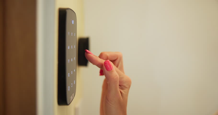 Smart home, security system and hand of woman with technology for access, safety or control panel. AI software app, house automation or closeup of person with touchscreen keypad for password code