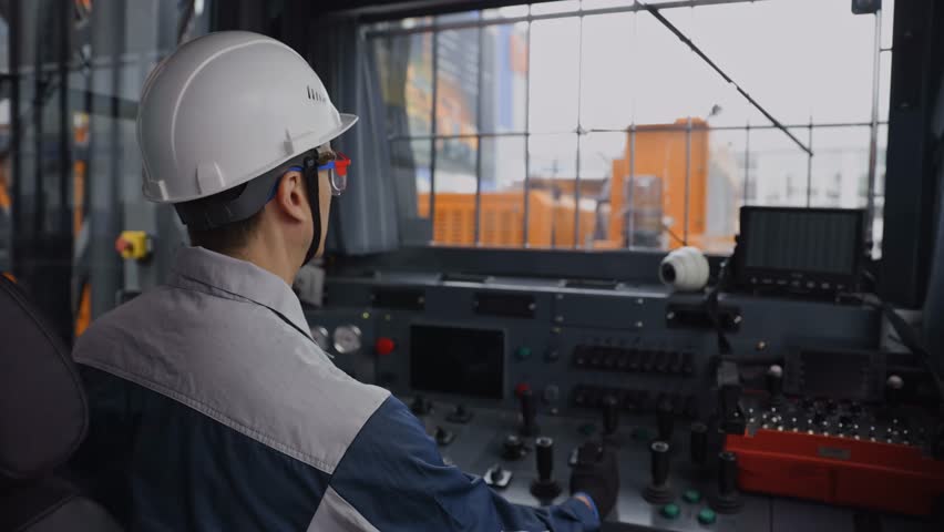 Crane operator maneuvering controls in industrial harbor setting for efficient cargo management, mining industry.