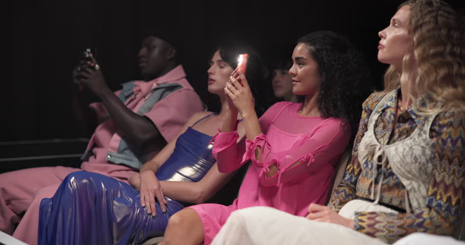 Fashion show, phone and photography with people at event for collection, magazine journalism and runway. Review, designer blog and catwalk with woman for style, luxury industry or trends analyst