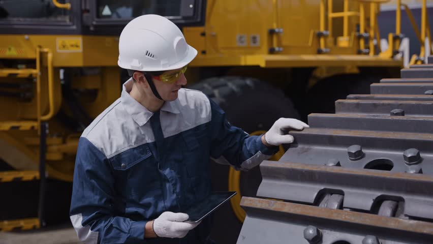 Machinery tractor mechanic with tablet computer checks hydraulic piston hose system equipment on excavator. Industrial service of mining truck.