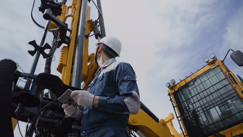 Offshore worker inspect with tablet drilling rig for exploration of minerals for oil, gas and artisan water. Concept smart online Industry.