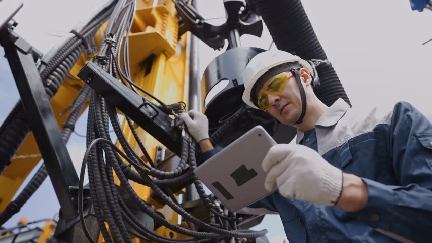Offshore worker inspect with tablet drilling rig for exploration of minerals for oil, gas and artisan water. Concept smart online Industry.