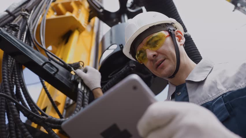 Offshore worker inspect with tablet drilling rig for exploration of minerals for oil, gas and artisan water. Concept smart online Industry.