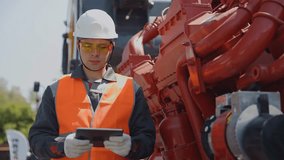 Mechanic with tablet computer diagnostics of diesel engine from industrial truck in garage. Fix service repair industry lorry concept. - Powered by Shutterstock - Get 15% off with code: PIKWIZARD15