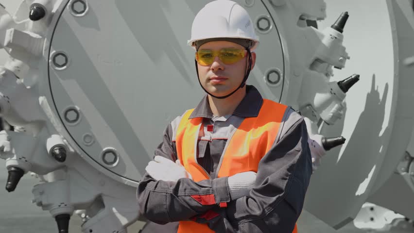 Portrait happy miner in helmet on background of tunneling machine Mining combine or asphalt stripper.